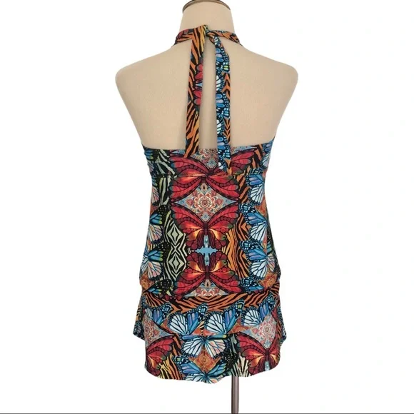 BECCA Rebecca Virtue M Bohemian Boho Butterfly Halter SWIMSUIT Tankini & Skirt - Picture 2 of 12